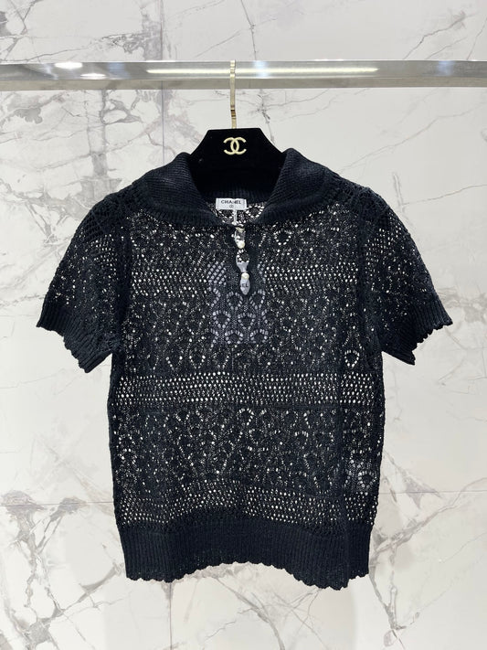 26SS NEW French lapel hollow short-sleeved sweater