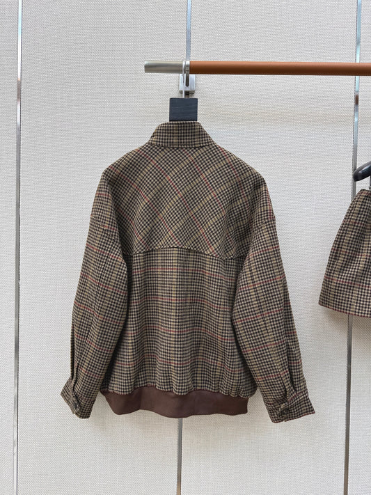 26SS NEW Houndstooth pattern stand collar silhouette jacket