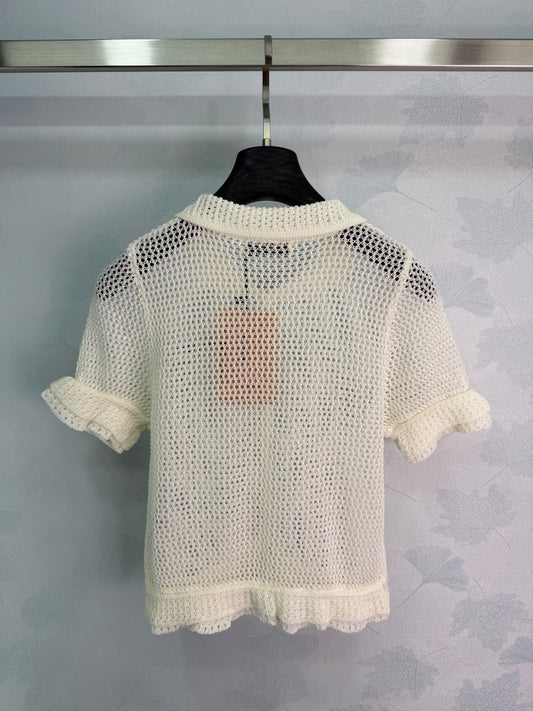 26SS NEUES weißes hohles Kurzarm-Strickoberteil