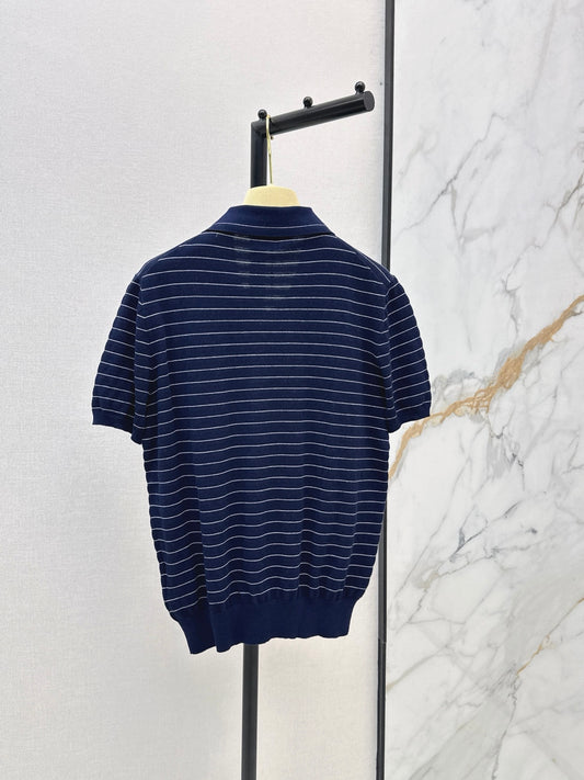 26SS NEW Summer navy blue striped Polo short sleeved sweater