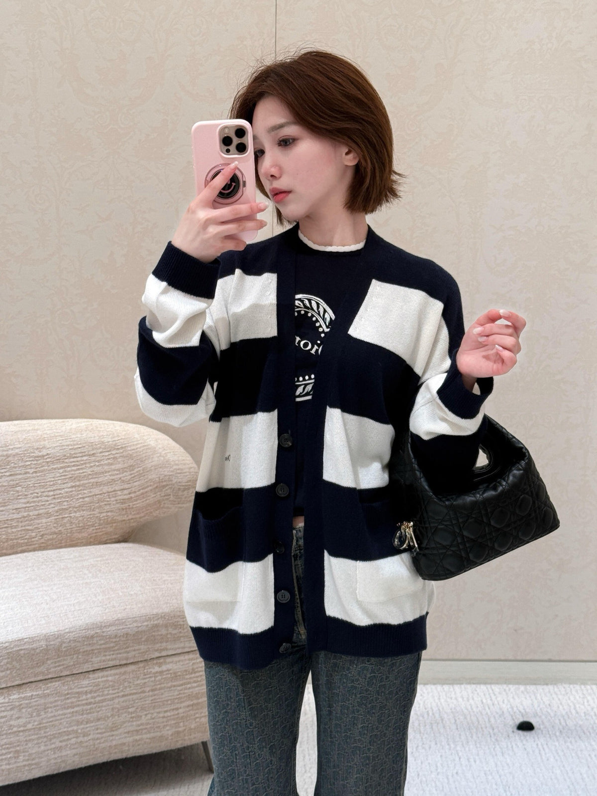 New 26FW Striped V-Neck Cashmere Cardigan 🖤