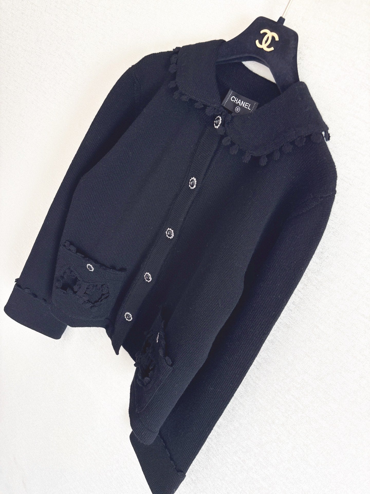Bow-tie openwork pocket Peter Pan collar cardigan