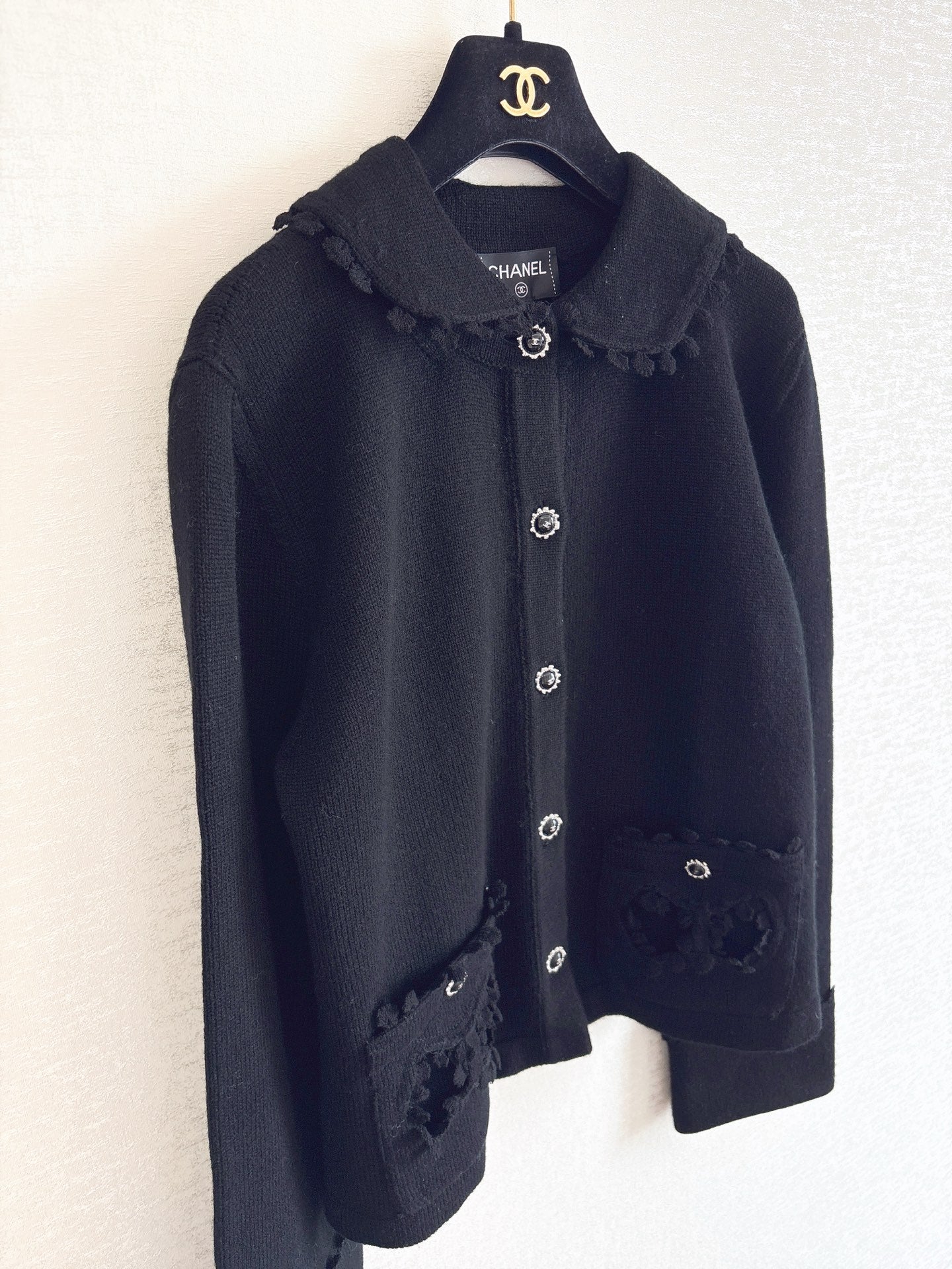 Bow-tie openwork pocket Peter Pan collar cardigan