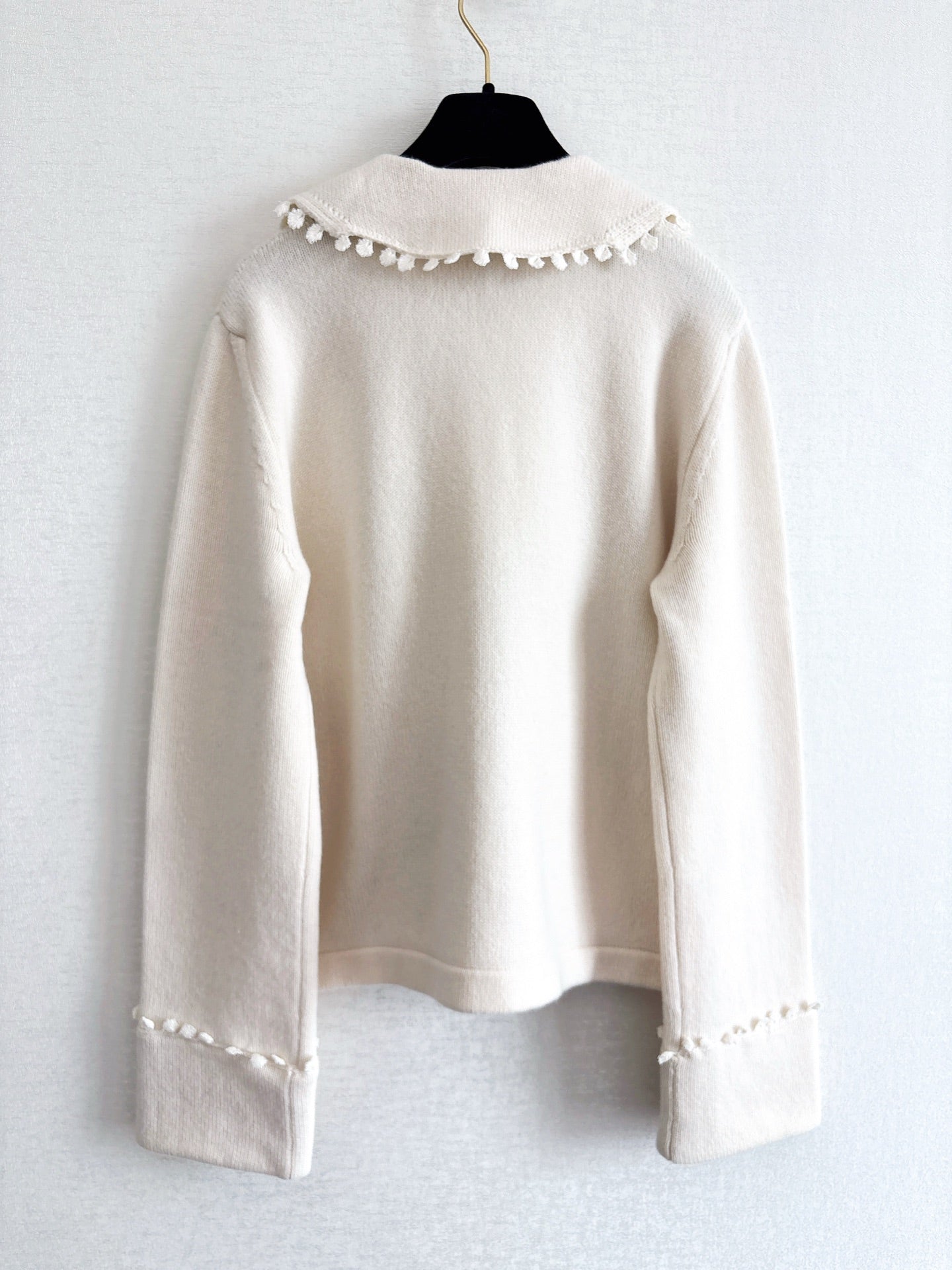 Bow-tie openwork pocket Peter Pan collar cardigan