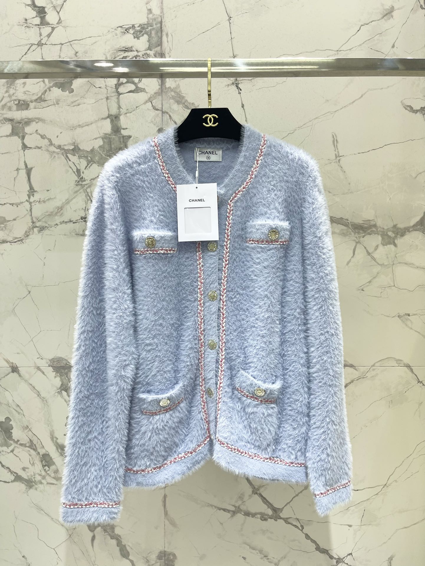 25FW Thick, color-blocked brushed knit cardigan