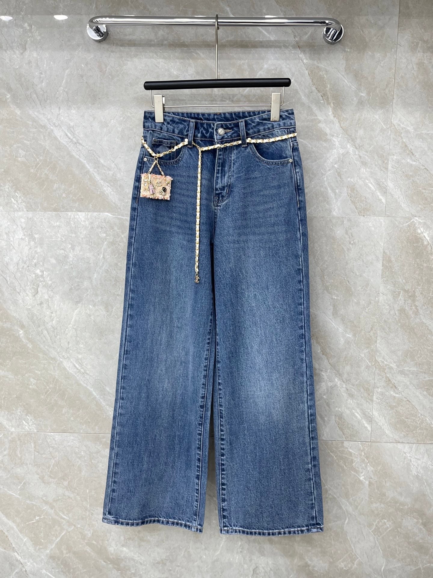 26SS NEUE Customized Diamond Jeans mit weitem Bein im Distressed-Look