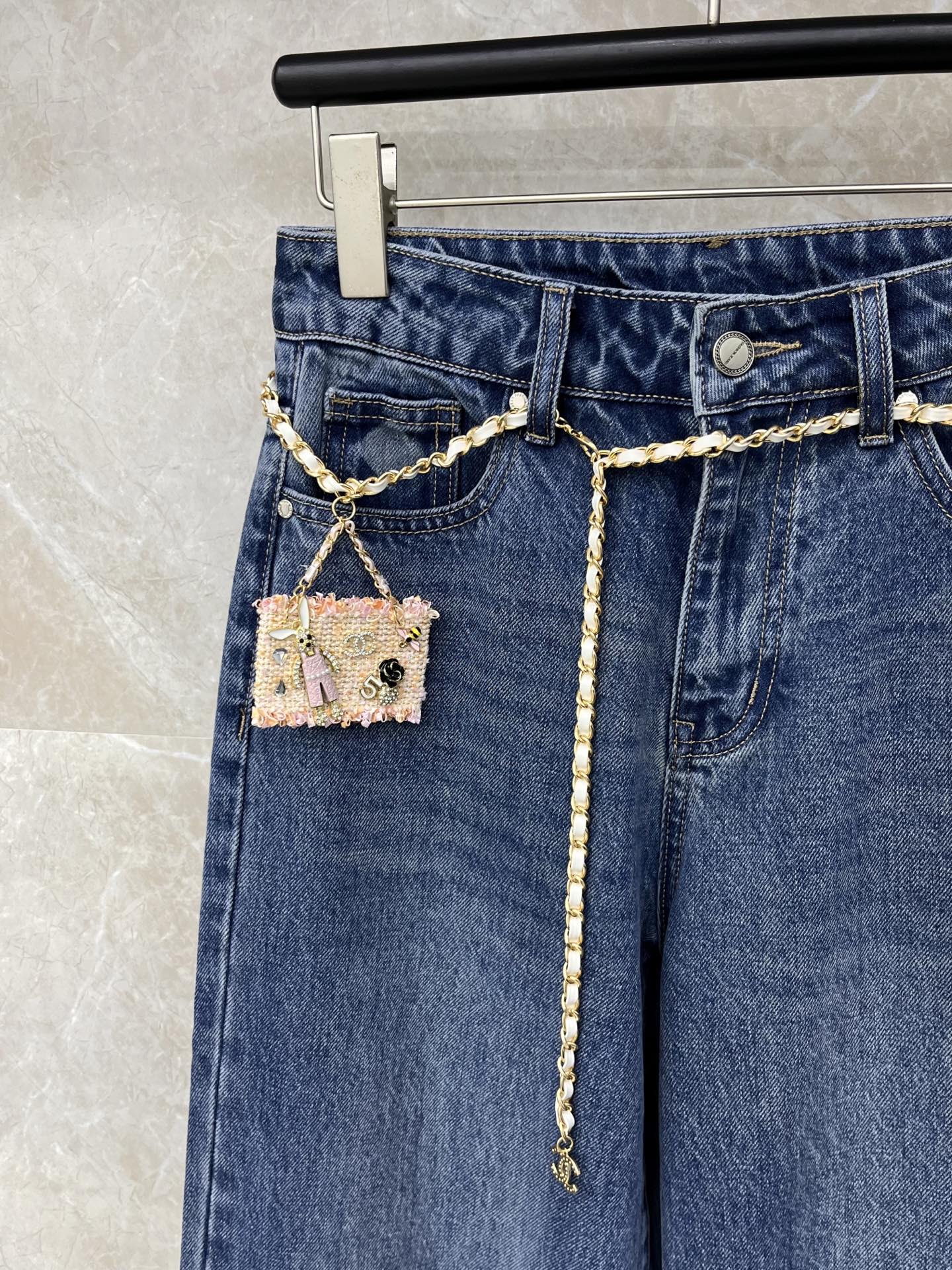 26SS NEUE Customized Diamond Jeans mit weitem Bein im Distressed-Look