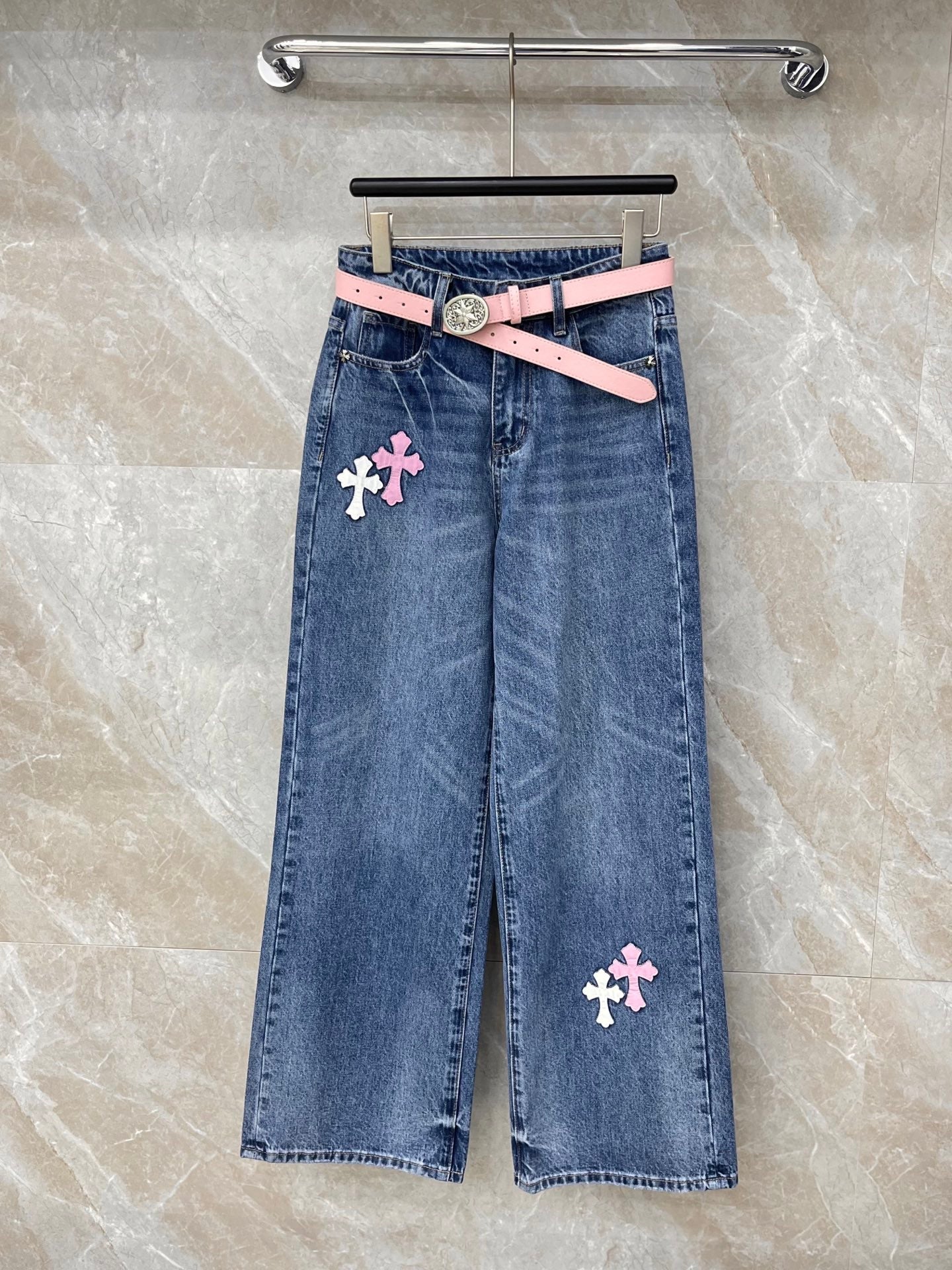 26SS NEW pink and white cross pattern jeans