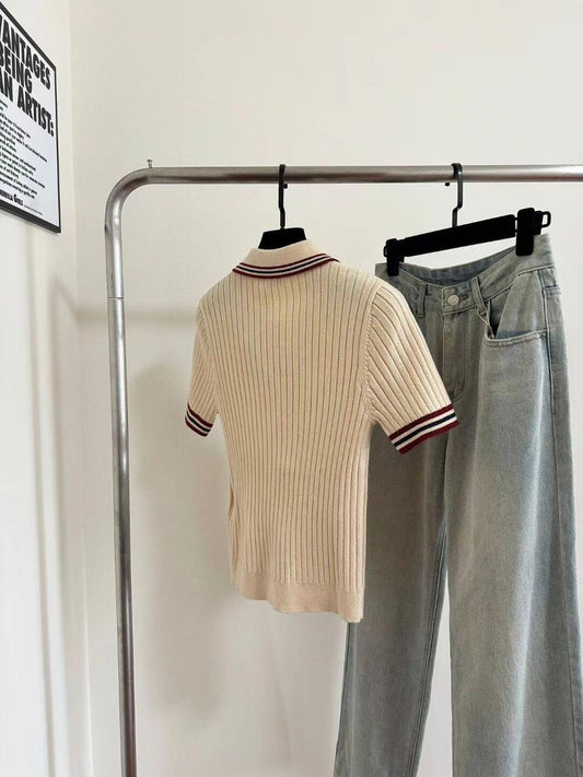 Color block knitted polo collar short sleeves