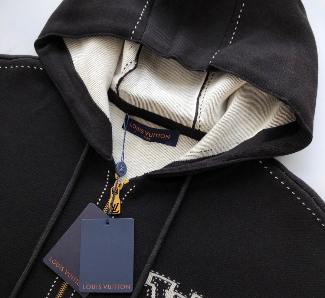 Neues Intarsien-Baumwoll-Kapuzensweatshirt mit Reißverschluss