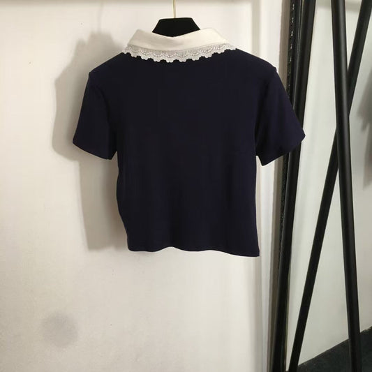 new simple logo embroidery color matching lace lapel short sleeves