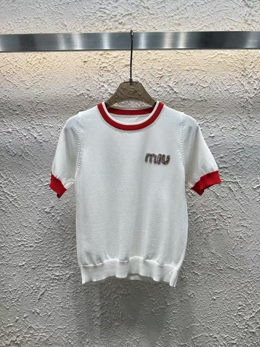 Color Diamond Letter Knitted Short Sleeves