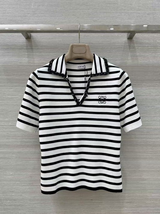 Striped knitted polo short-sleeved top