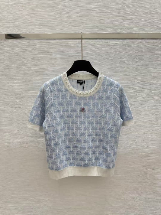 Crew neck beaded knit short sleeves