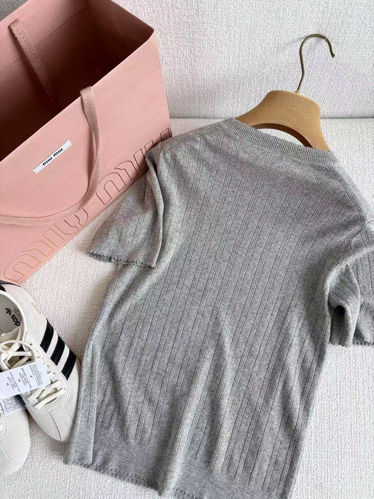 Lace Youthful Alphabet Embroidery Round Neck Openwork Short Sleeve