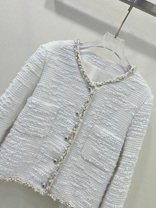 New Tweed Round Neck Pearl Coat