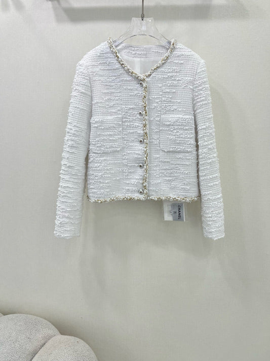 New Tweed Round Neck Pearl Coat