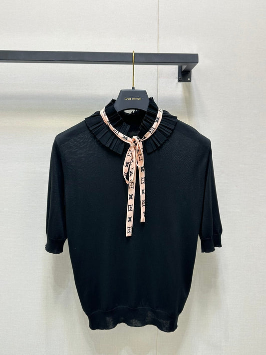 Lace Stand-up Collar Ribbon Short Sleeve