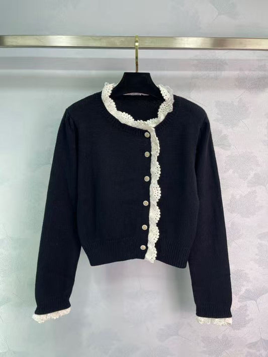 New Early Fall Lace-Trimmed Knit Cardigan