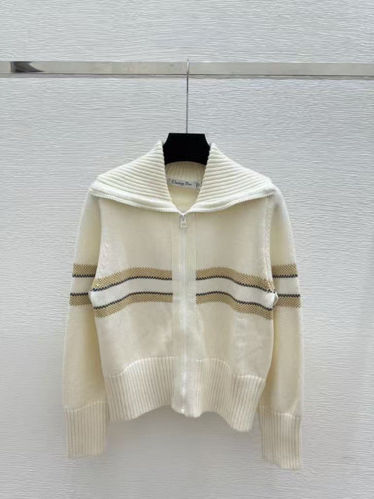 New Early Autumn Contrast Striped Lapel Knitted Long Sleeve Cardigan