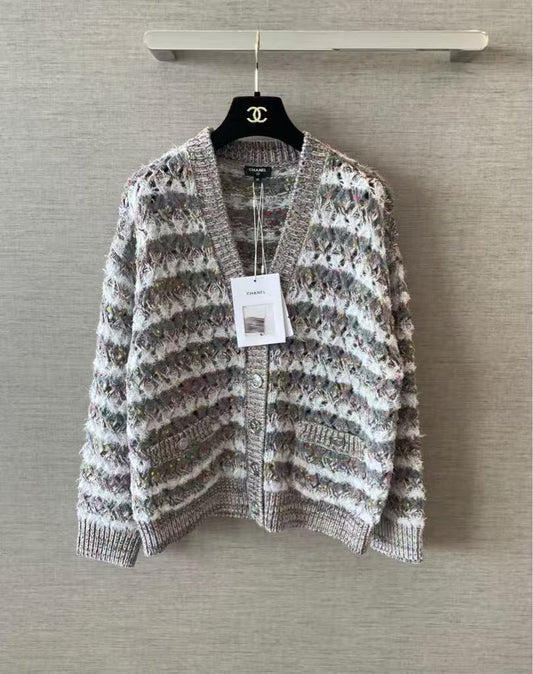 Gray-green striped open-knit cardigan