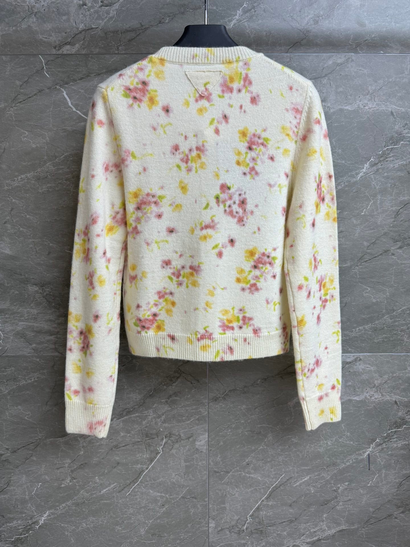 PRDA floral wool cardigan autumn and winter series round neck ribbed neckline