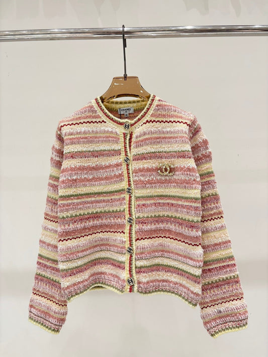 2025 New Round Neck Striped Casual Knit Cardigan