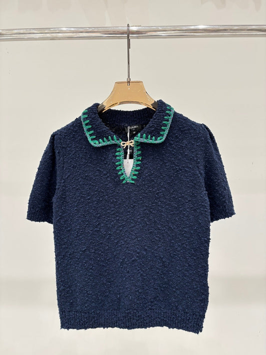 25 Early Autumn Collared Openwork Knit Short Sleeve
