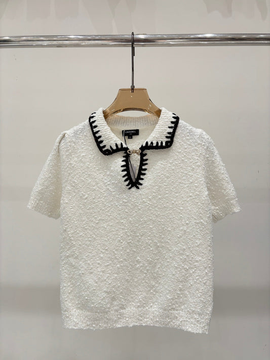 25 Early Autumn Collared Openwork Knit Short Sleeve