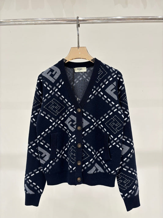 New V-neck casual cardigan with letter diamond pattern