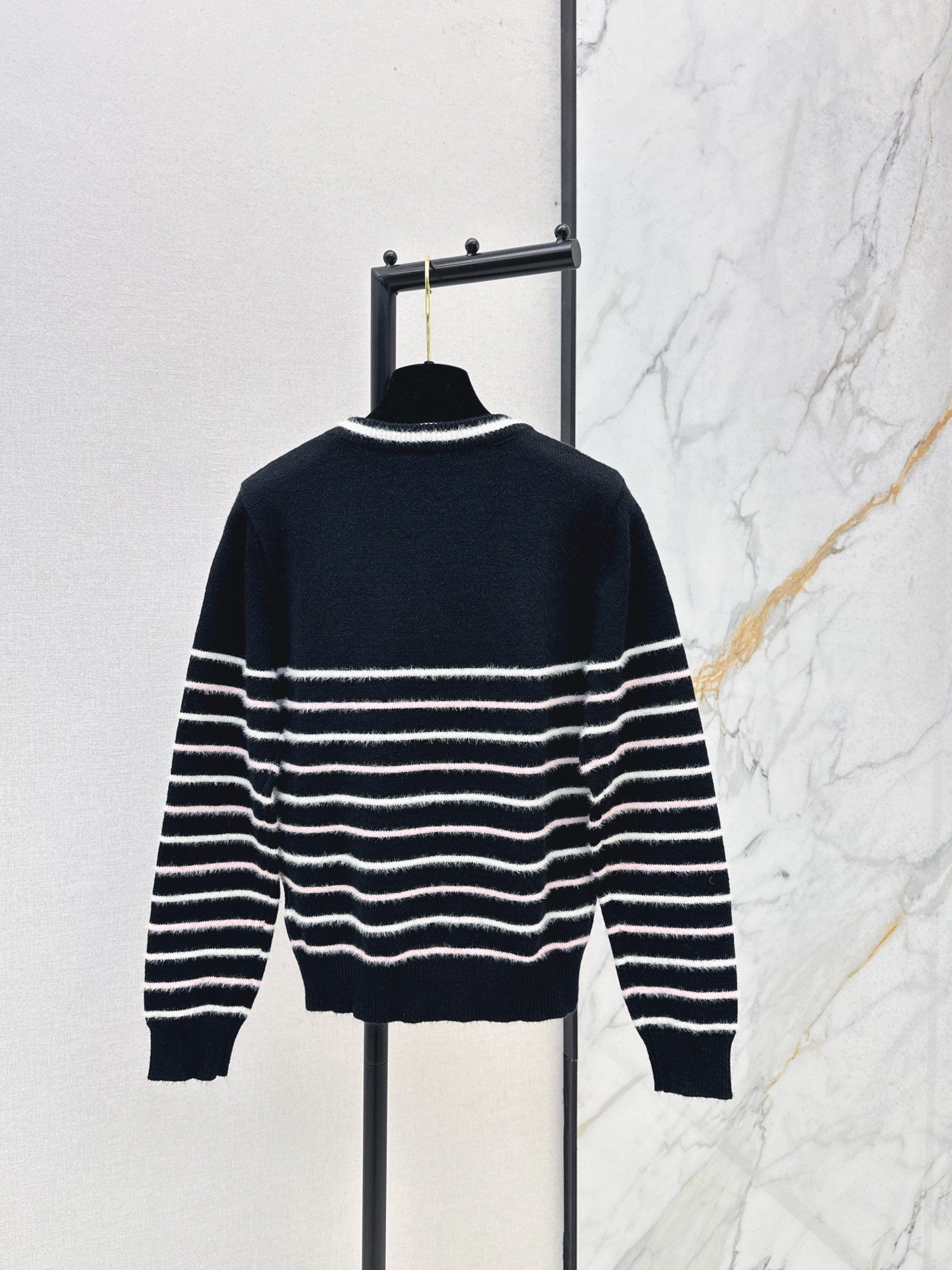 25FW New Color-Blocked Striped Knit Sweater, Classic Double C Logo
