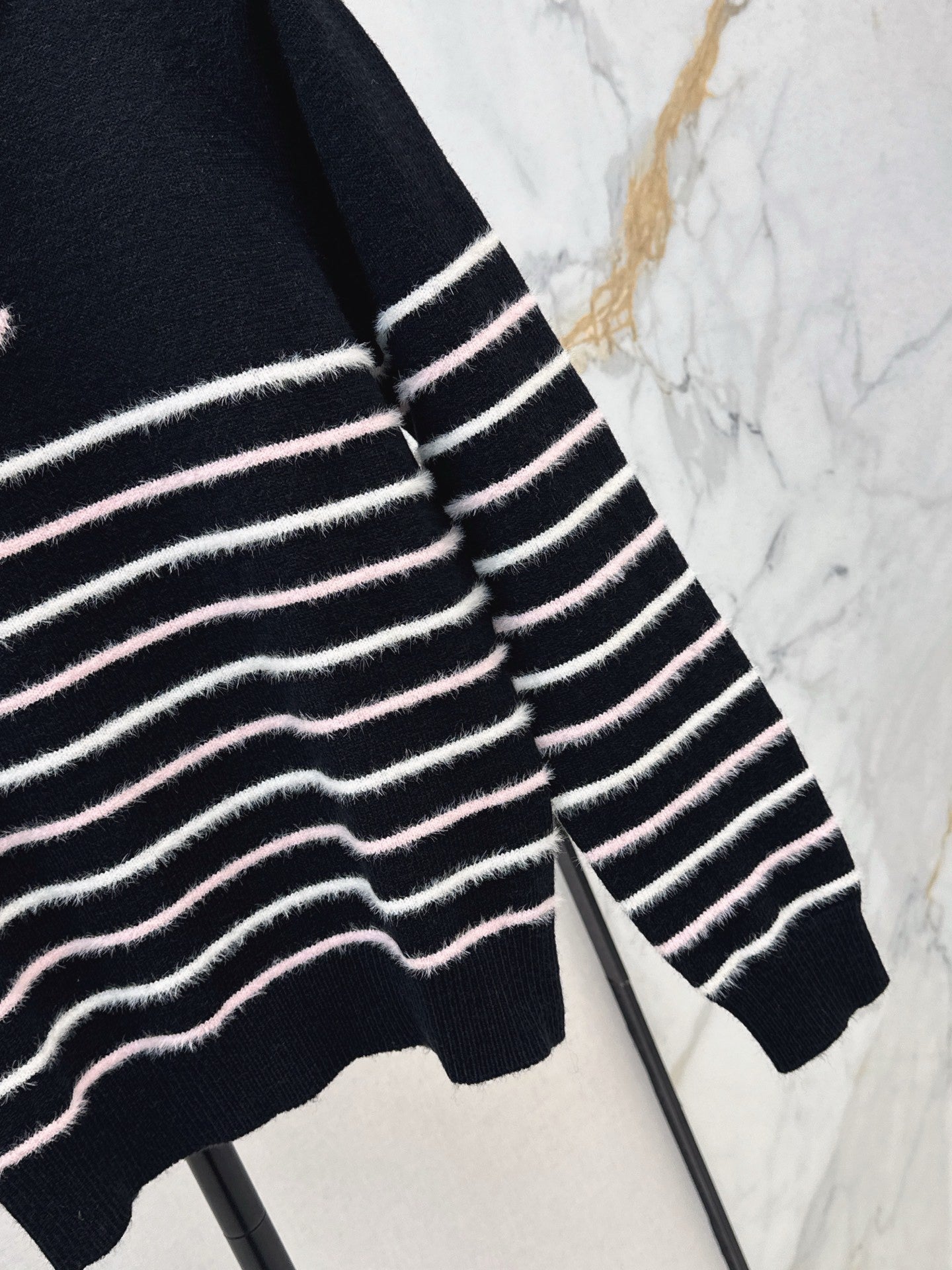 25FW New Color-Blocked Striped Knit Sweater, Classic Double C Logo