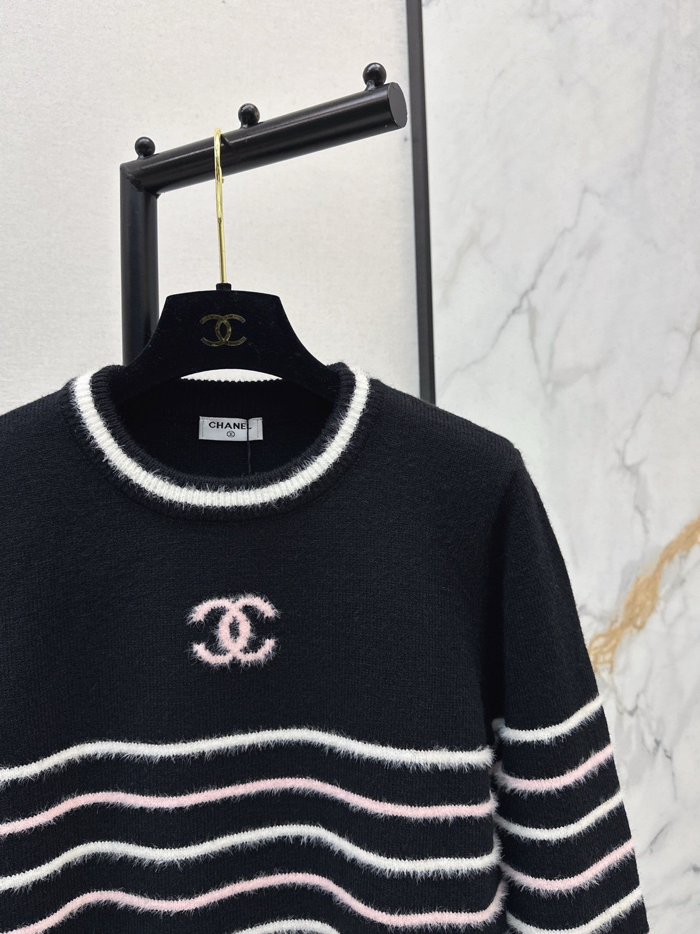 25FW New Color-Blocked Striped Knit Sweater, Classic Double C Logo