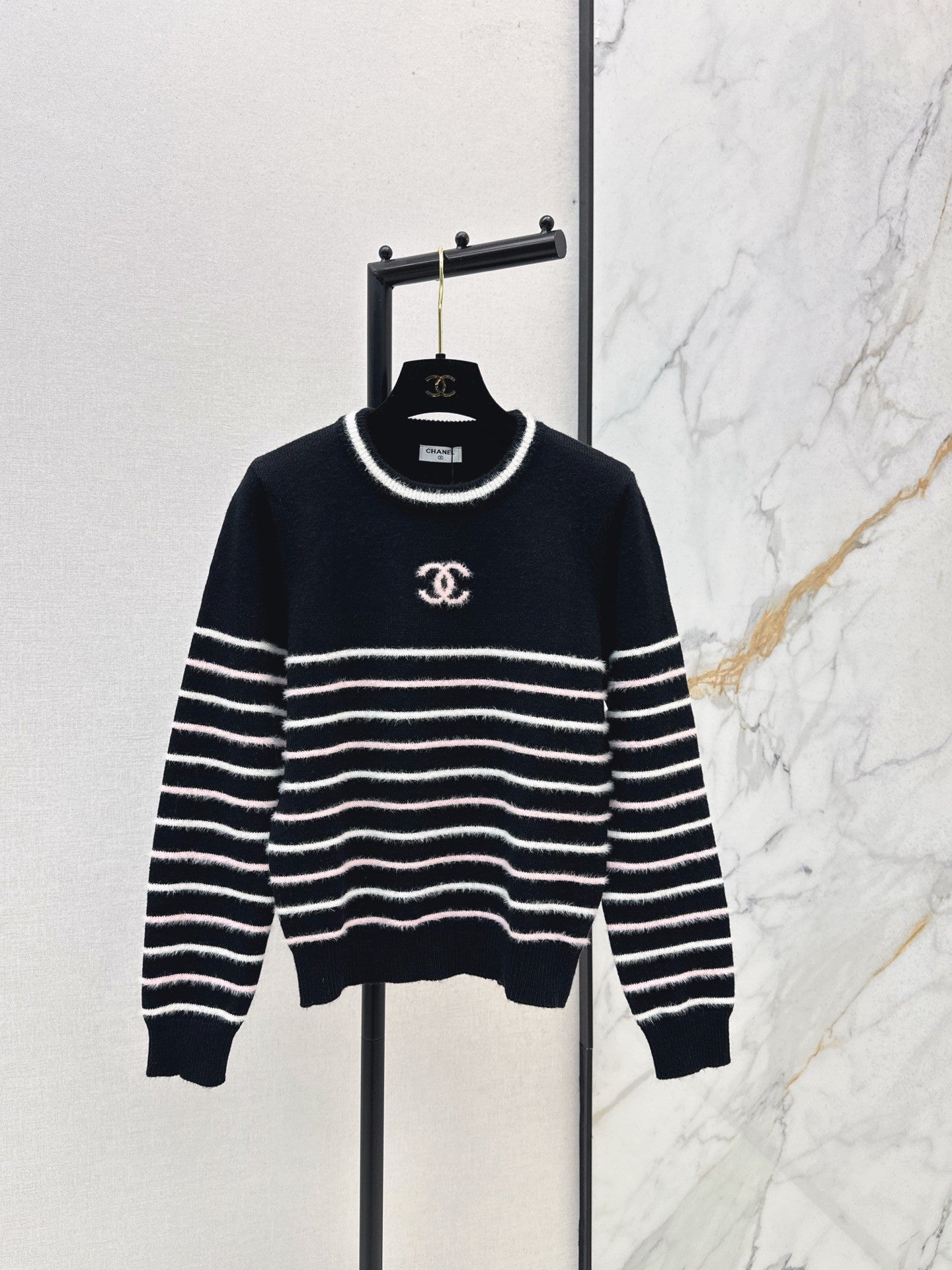 25FW New Color-Blocked Striped Knit Sweater, Classic Double C Logo