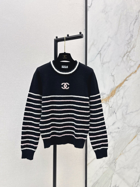 25FW New Color-Blocked Striped Knit Sweater, Classic Double C Logo