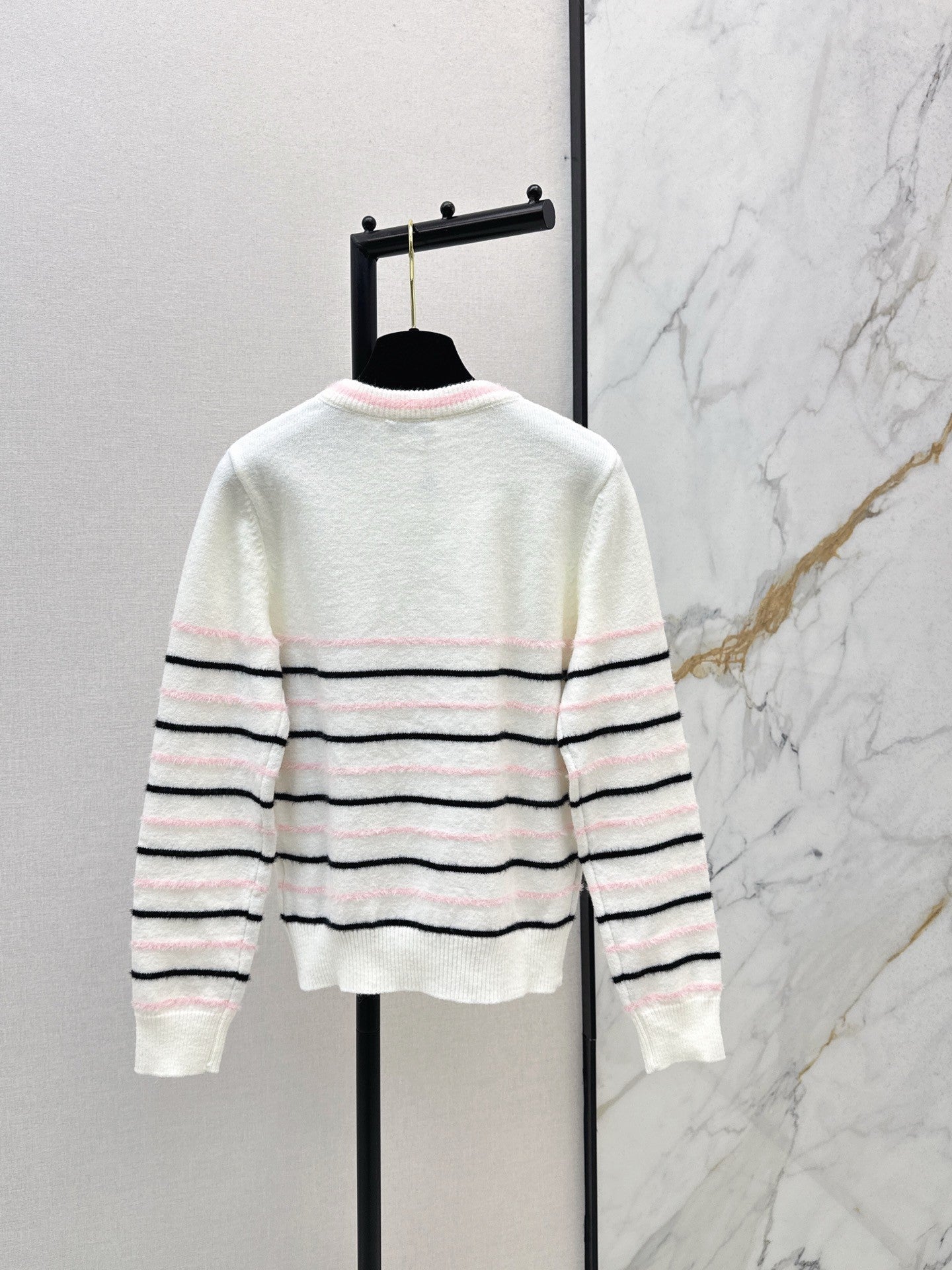 25FW New Color-Blocked Striped Knit Sweater, Classic Double C Logo
