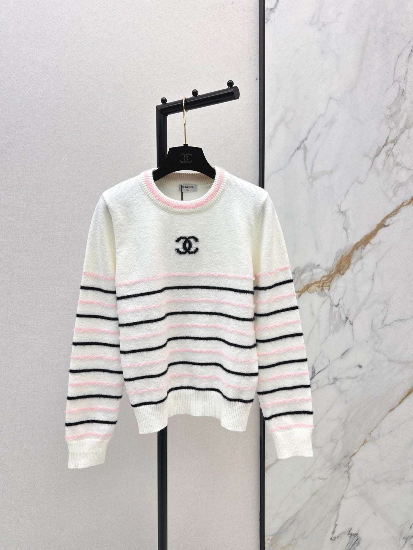 25FW New Color-Blocked Striped Knit Sweater, Classic Double C Logo