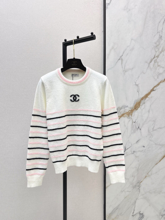 25FW New Color-Blocked Striped Knit Sweater, Classic Double C Logo