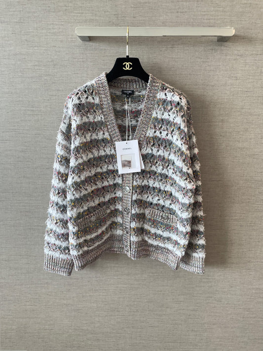 25FW new gray-green striped open-knit cardigan