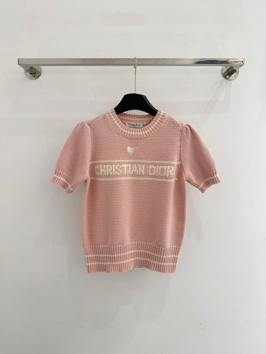 26SS new pink limited edition love embroidered short-sleeved sweater