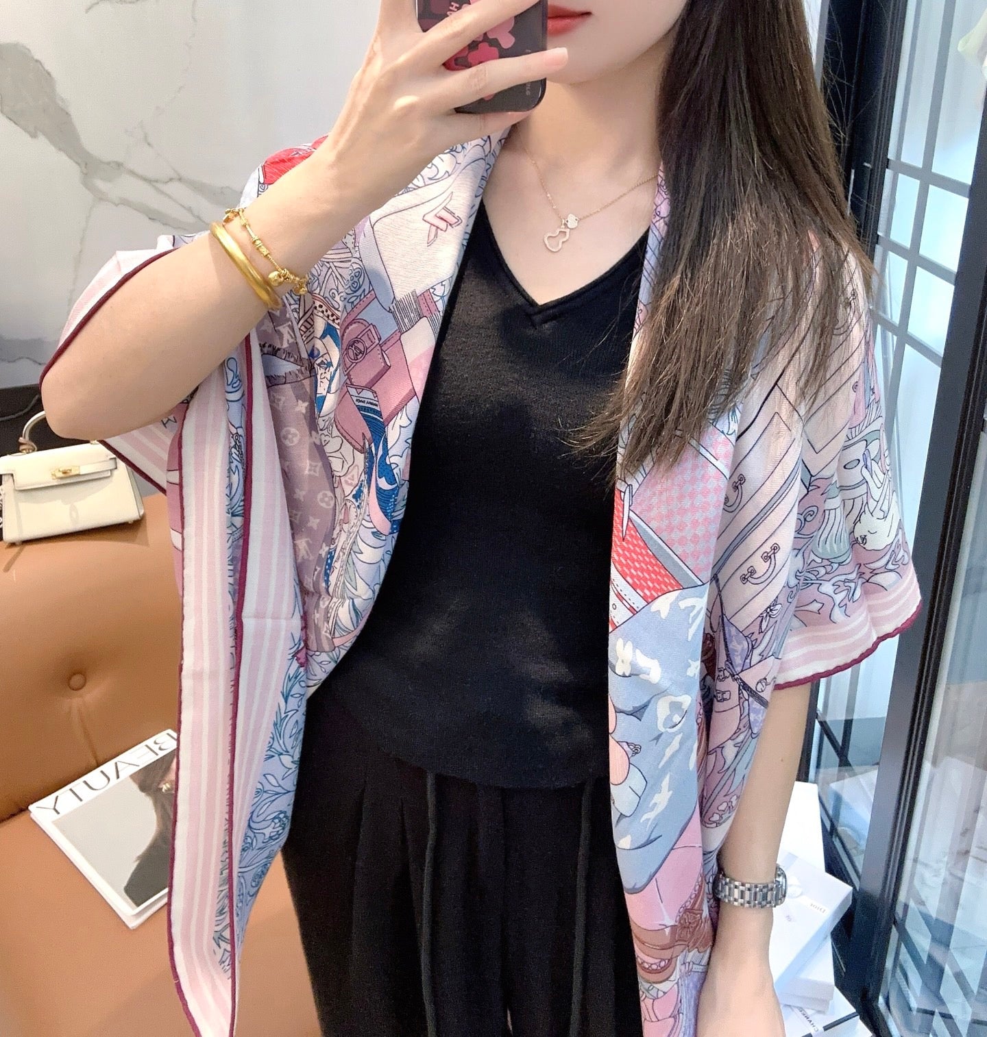 Soft mulberry silk scarf shawl with full patterned background