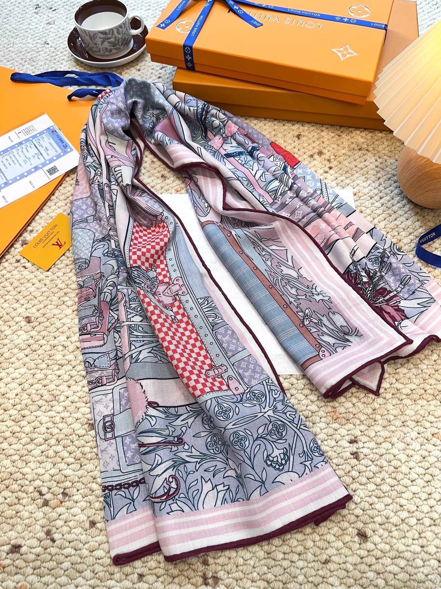 Soft mulberry silk scarf shawl with full patterned background