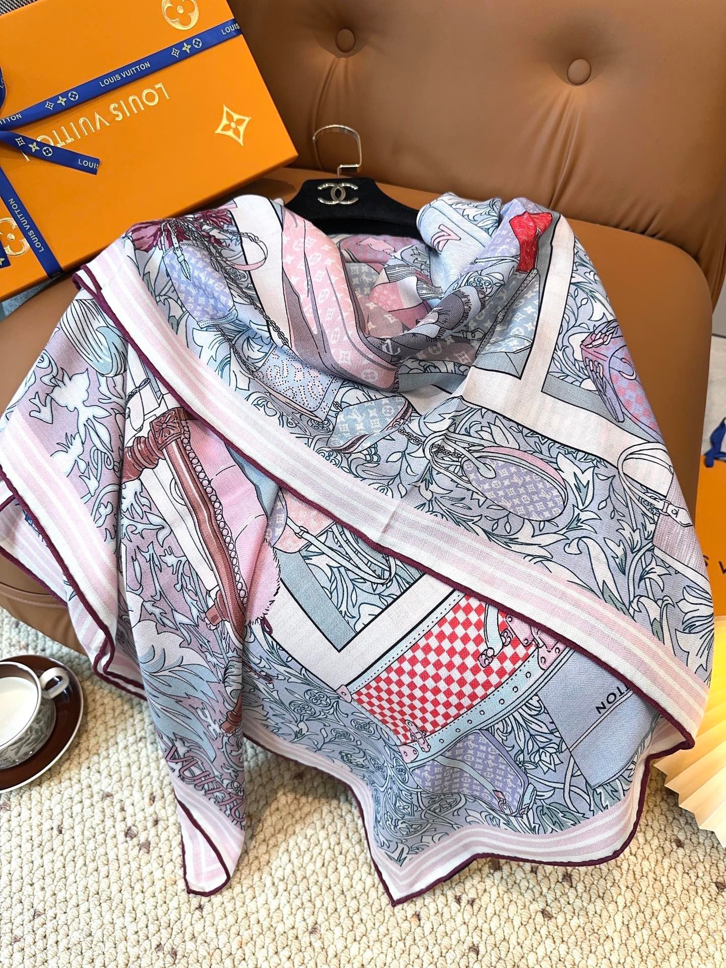 Soft mulberry silk scarf shawl with full patterned background