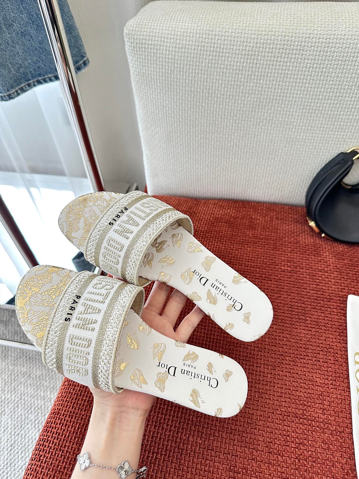 Monogram embroidered flat slippers