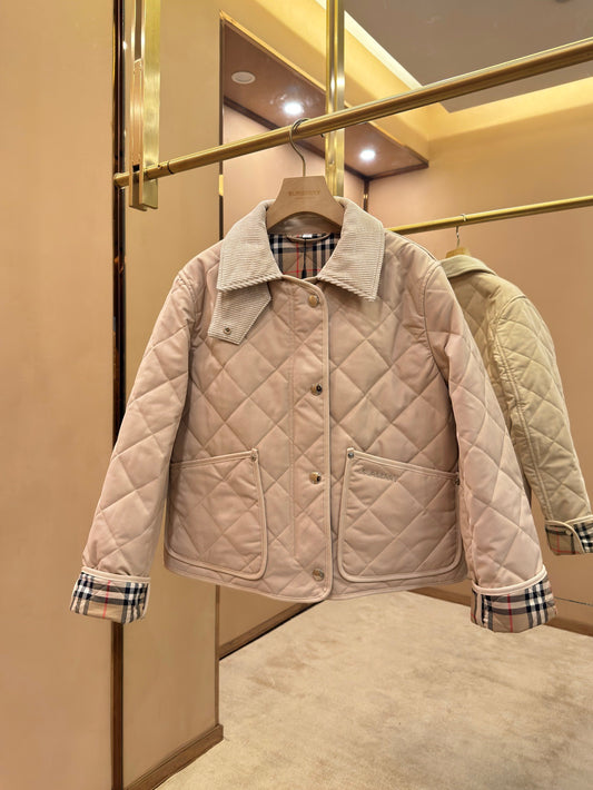 26SS NEW Corduroy collar diamond quilted barn short cotton coat