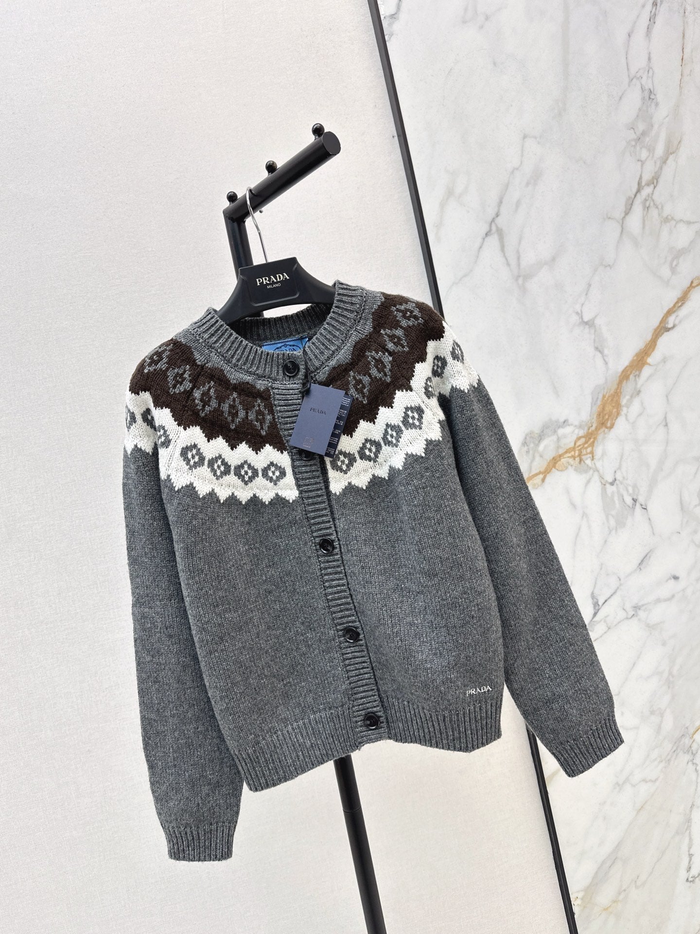 25FW New Ski Series Premium Gray Fair Isle knitted cardigan