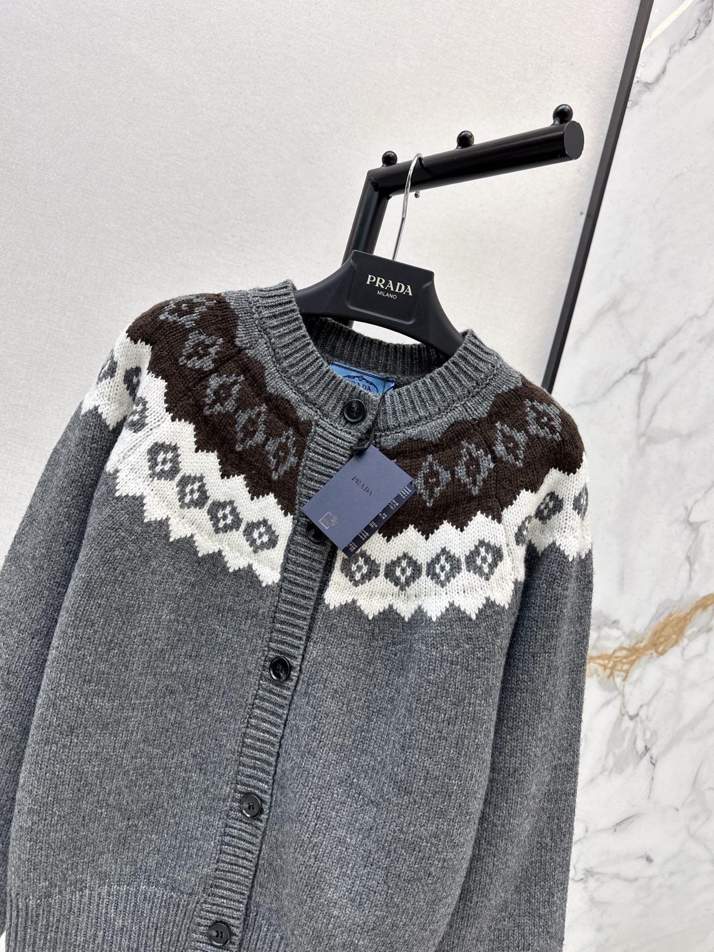 25FW New Ski Series Premium Gray Fair Isle knitted cardigan