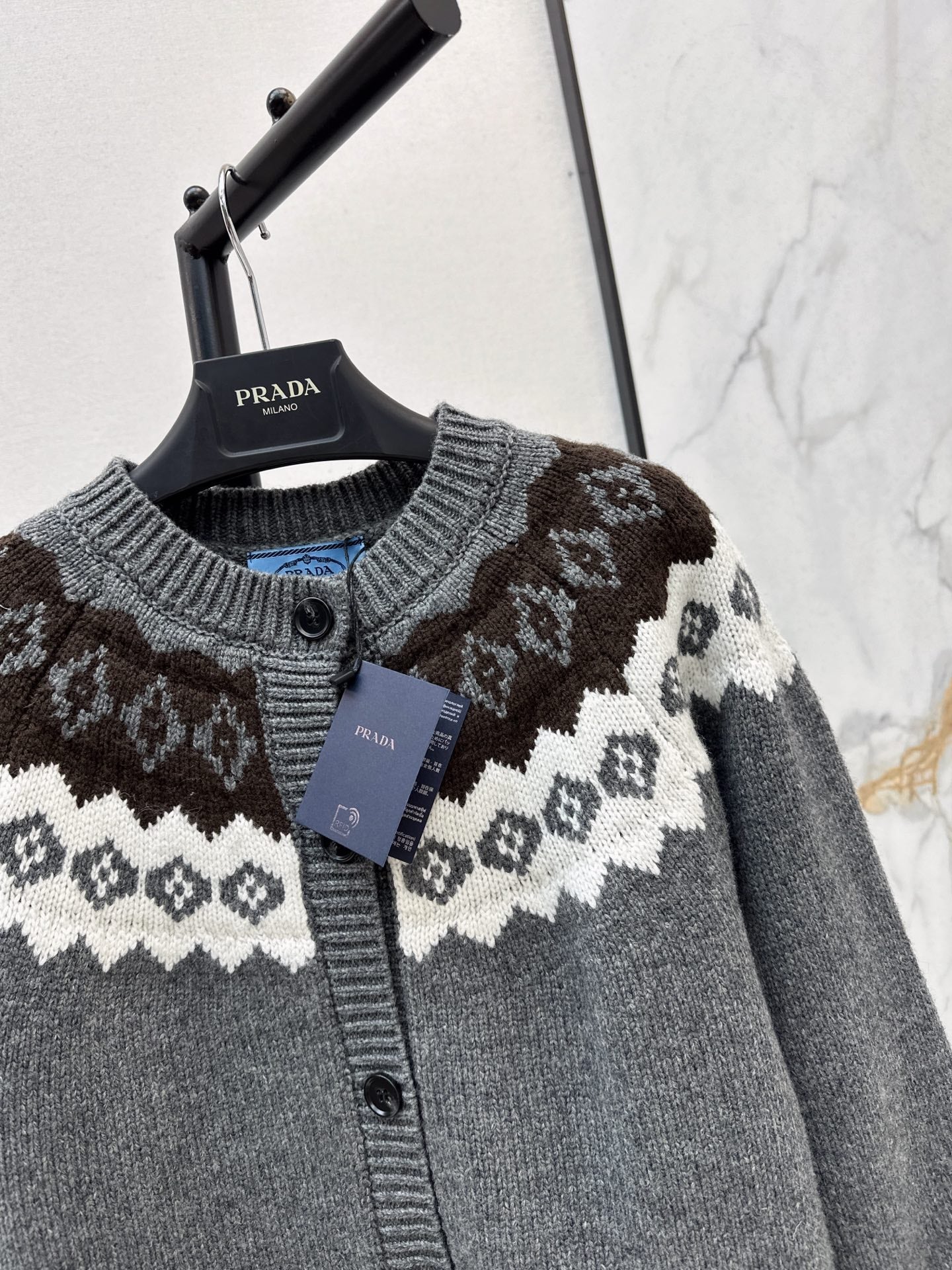 25FW New Ski Series Premium Gray Fair Isle knitted cardigan