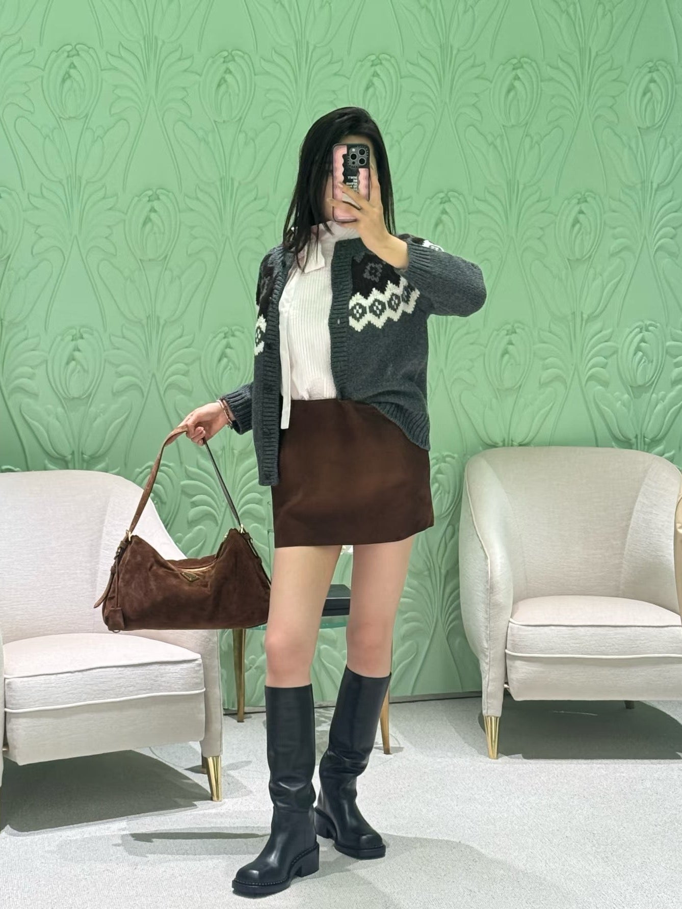 25FW New Ski Series Premium Gray Fair Isle knitted cardigan