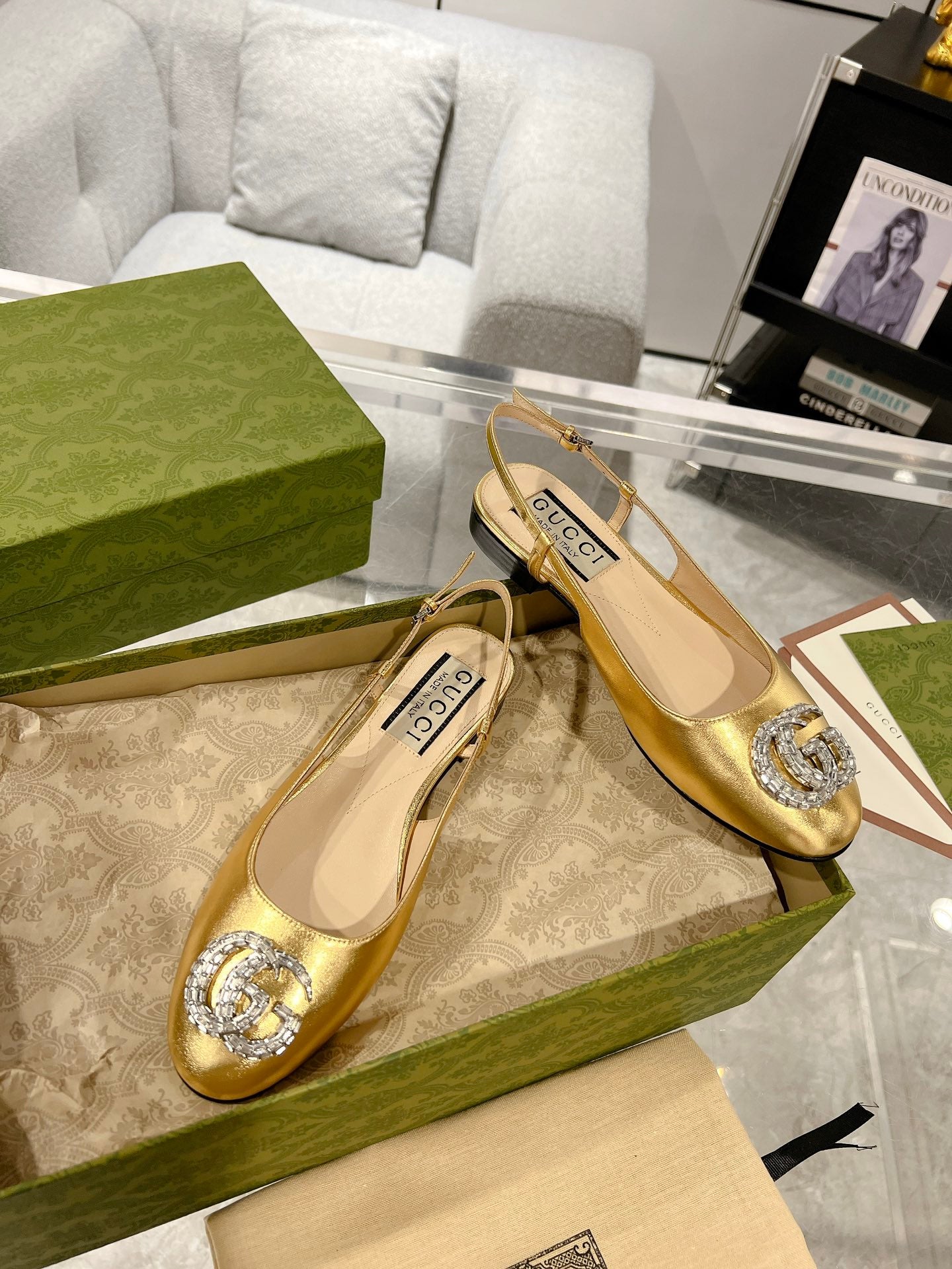 25FW slingback flats with crystal diamond blingbling